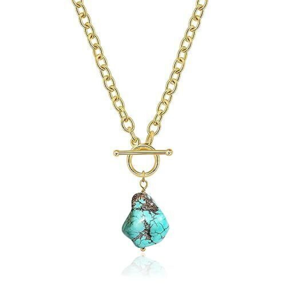 6405 Large Irregular Synthetic Turquoise Pendant Necklace Dainty 18K Gold